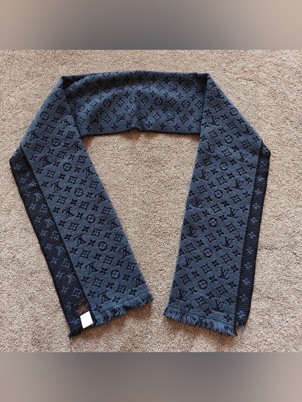 Louis Vuitton Monogram Classic Scarf Navy Blue M78525 100% Wool